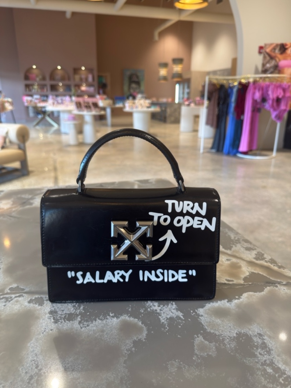 Off White Black Leather Top-Handle Bag with Graphic Detail by